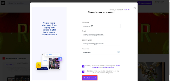 fill in the information and click on create account